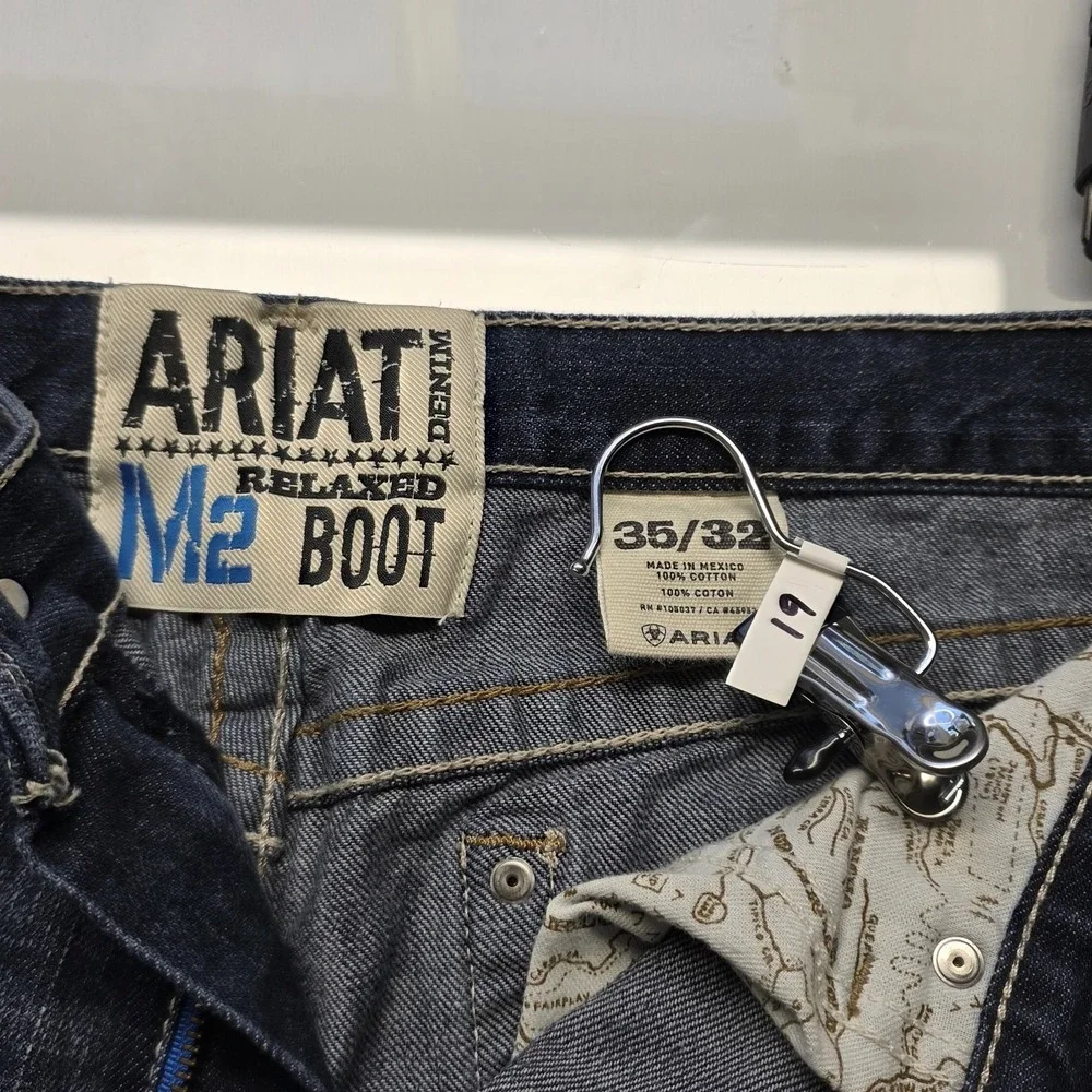 Ariat M2 Relaxed Boot Cut Jeans 35x32 Blue Denim Western Whiskered Ranch Wear